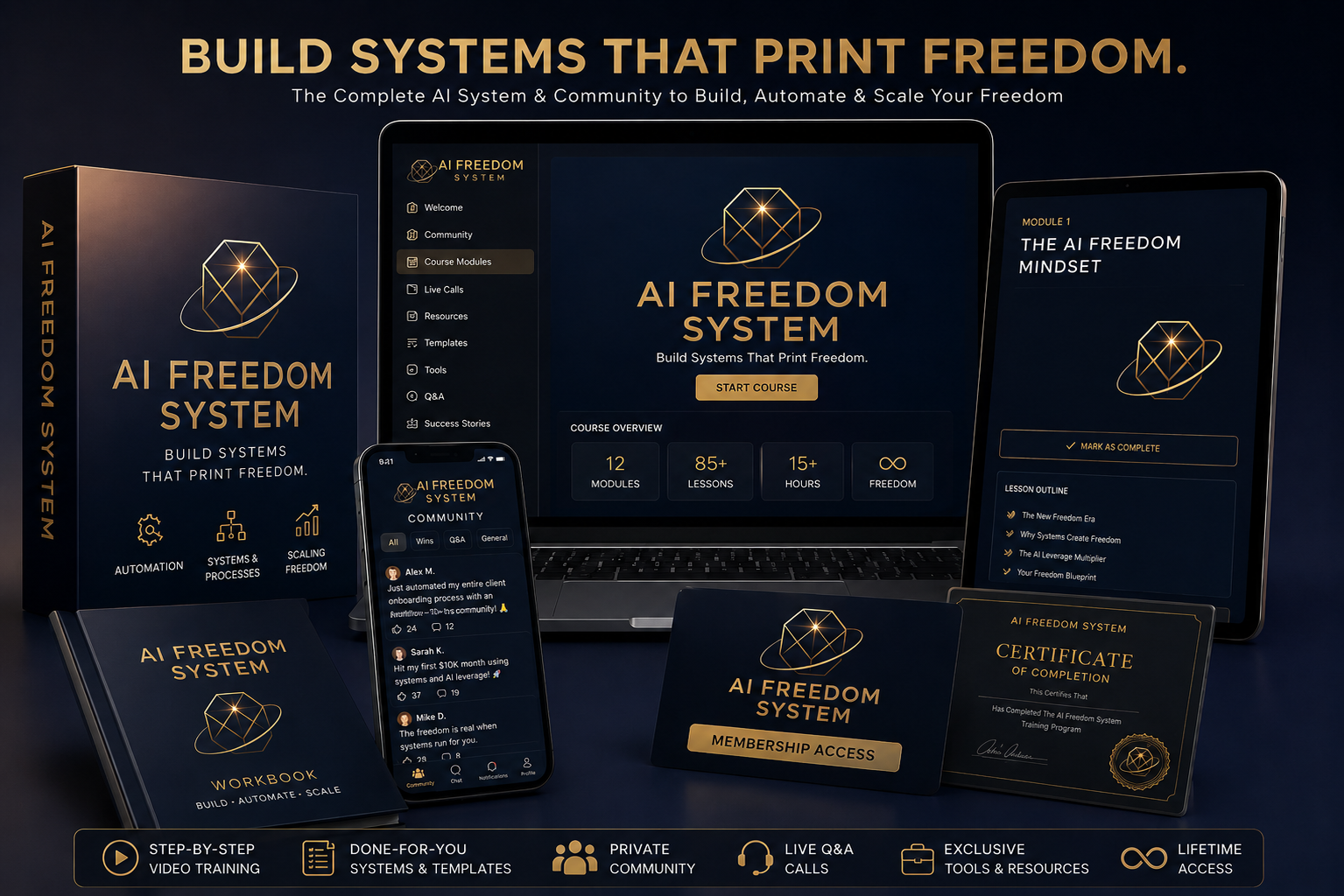 The AI Freedom System product bundle from Sean Ali’s Whop listing, with course, workbook, community and resources
